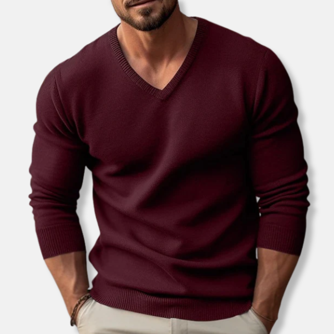 Men’s Knitted Sweater – Slim Fit – V-Neck – Long Sleeve – Soft Cotton Texture