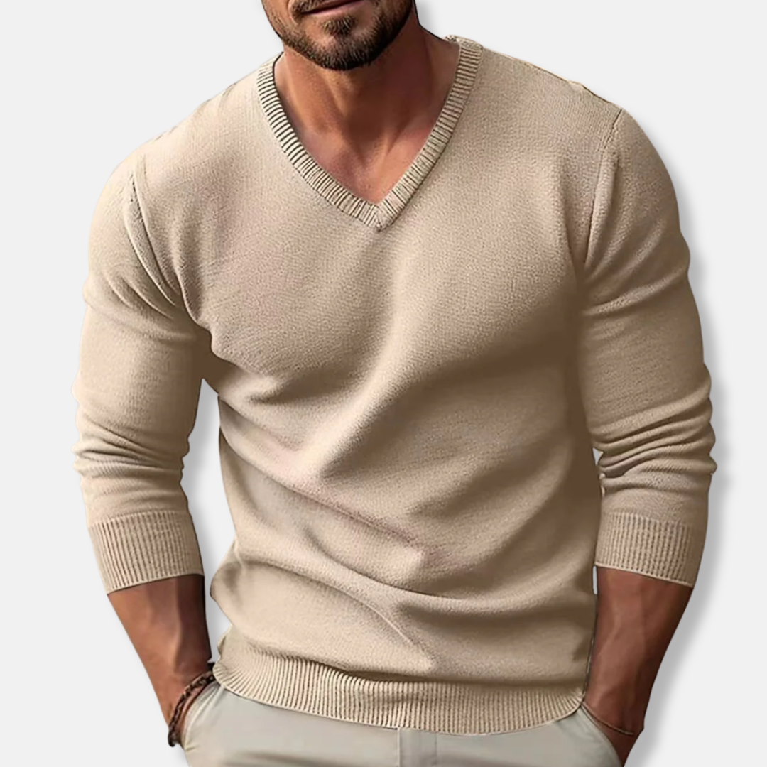 Men’s Knitted Sweater – Slim Fit – V-Neck – Long Sleeve – Soft Cotton Texture