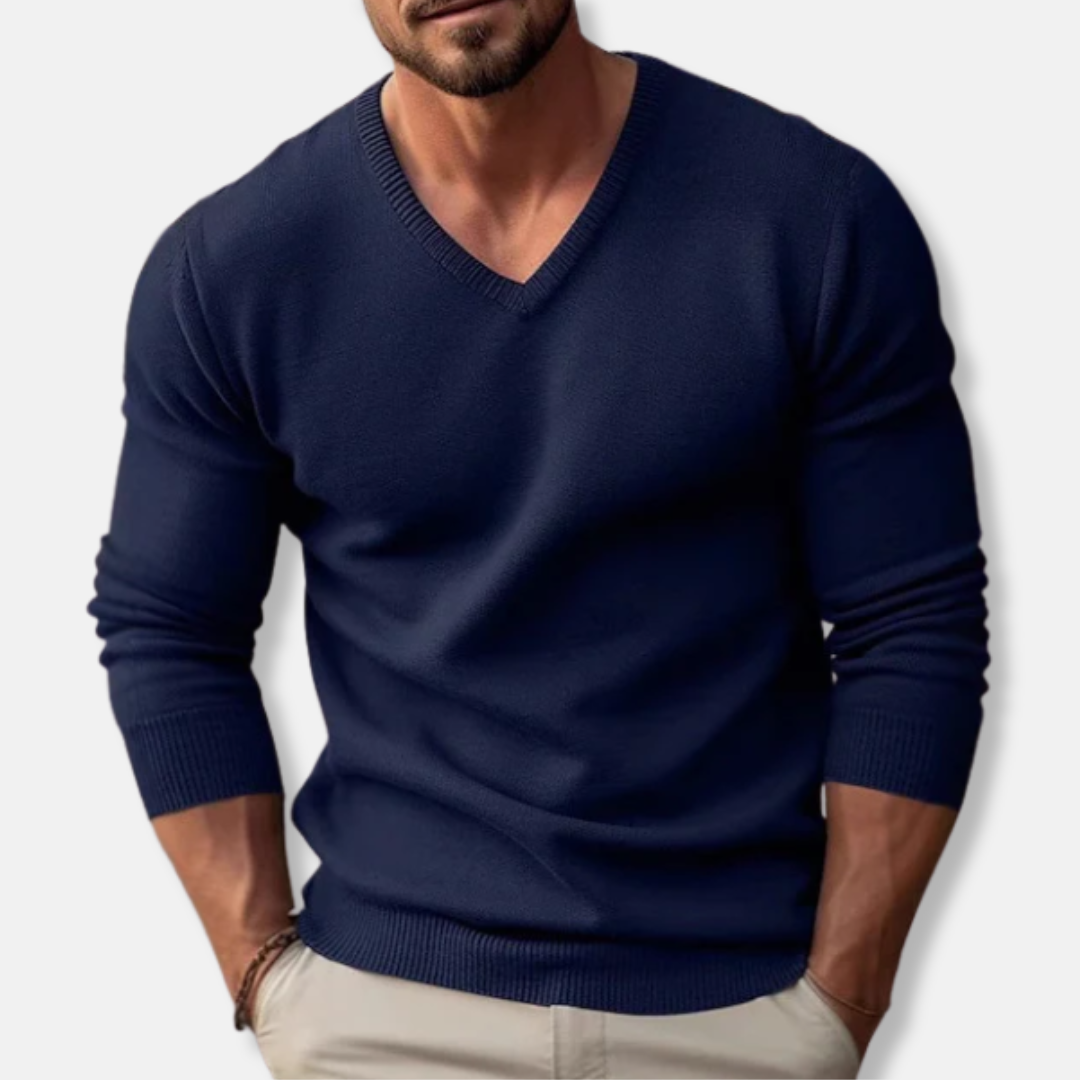 Men’s Knitted Sweater – Slim Fit – V-Neck – Long Sleeve – Soft Cotton Texture