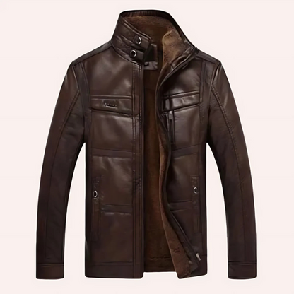 Men’s Leather Jacket – Slim Fit – High Collar – Insulated Lining – Multiple Pockets