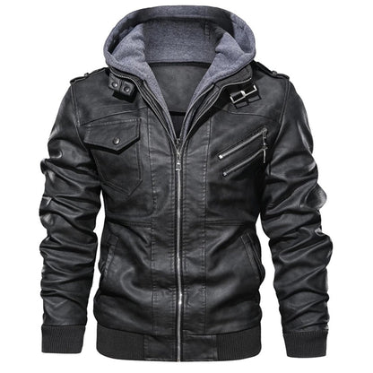 Men’s Leather Jacket – Tailored Fit – Detachable Hood – Zipper Pockets – Epaulettes