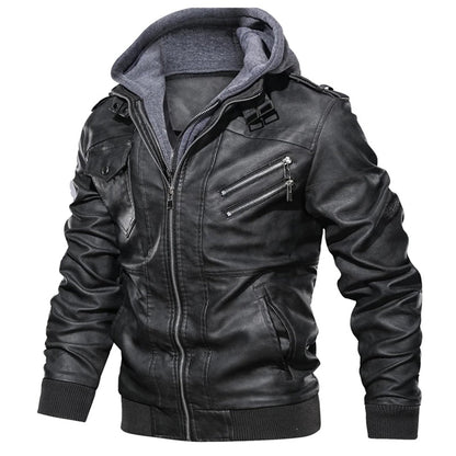 Men’s Leather Jacket – Tailored Fit – Detachable Hood – Zipper Pockets – Epaulettes