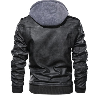 Men’s Leather Jacket – Tailored Fit – Detachable Hood – Zipper Pockets – Epaulettes