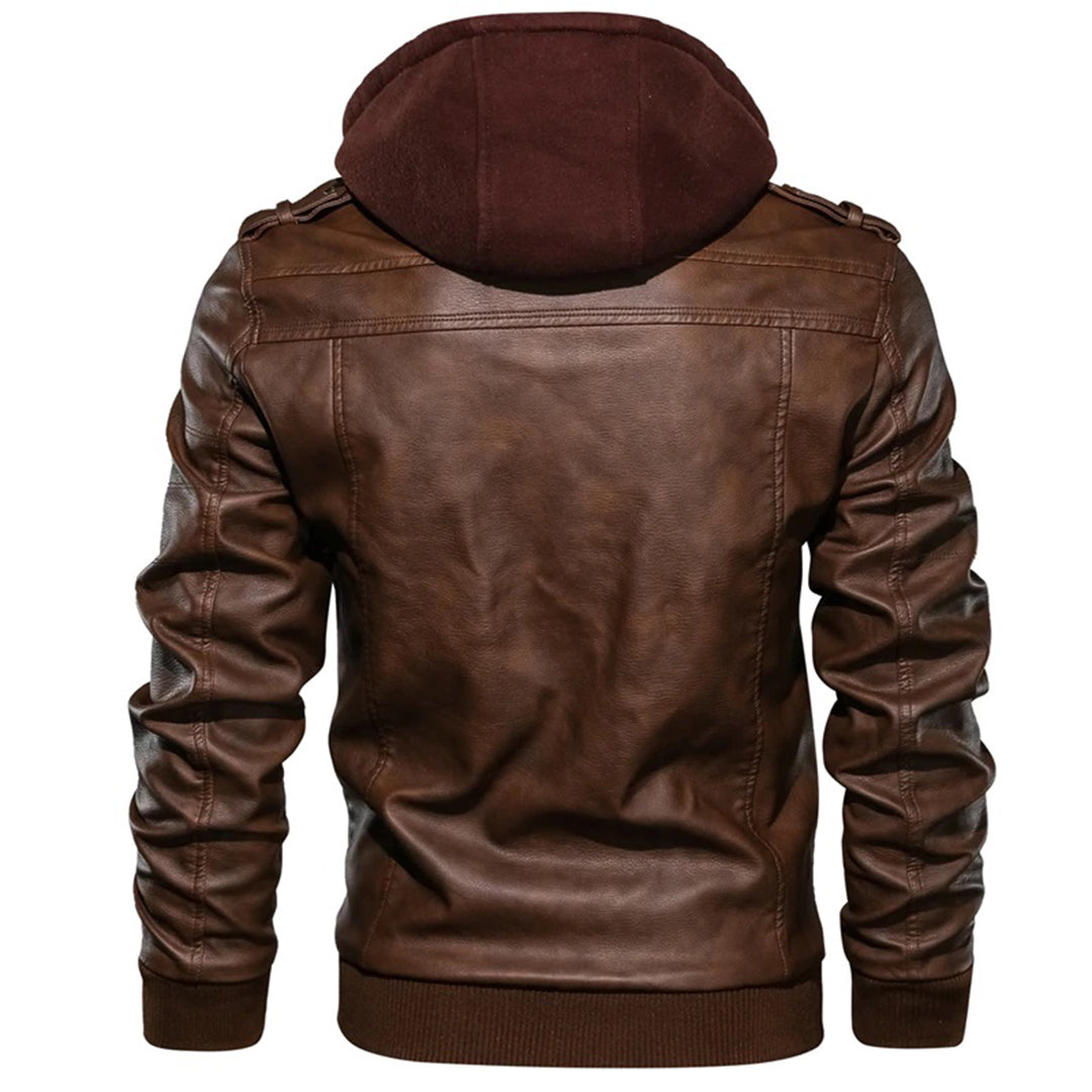 Men’s Leather Jacket – Tailored Fit – Detachable Hood – Zipper Pockets – Epaulettes