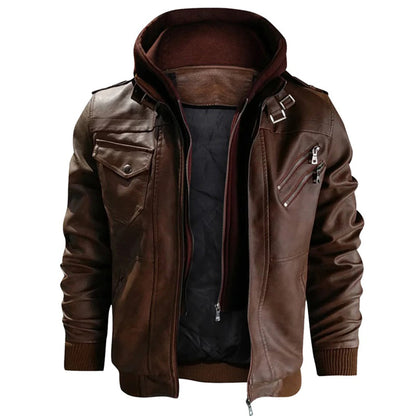 Men’s Leather Jacket – Tailored Fit – Detachable Hood – Zipper Pockets – Epaulettes