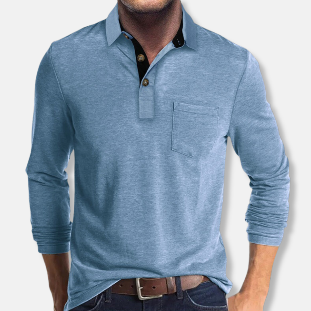Men’s Long-Sleeve Polo Shirt – Regular Fit – Cotton Blend – Rib Cuffs – Patch Pocket