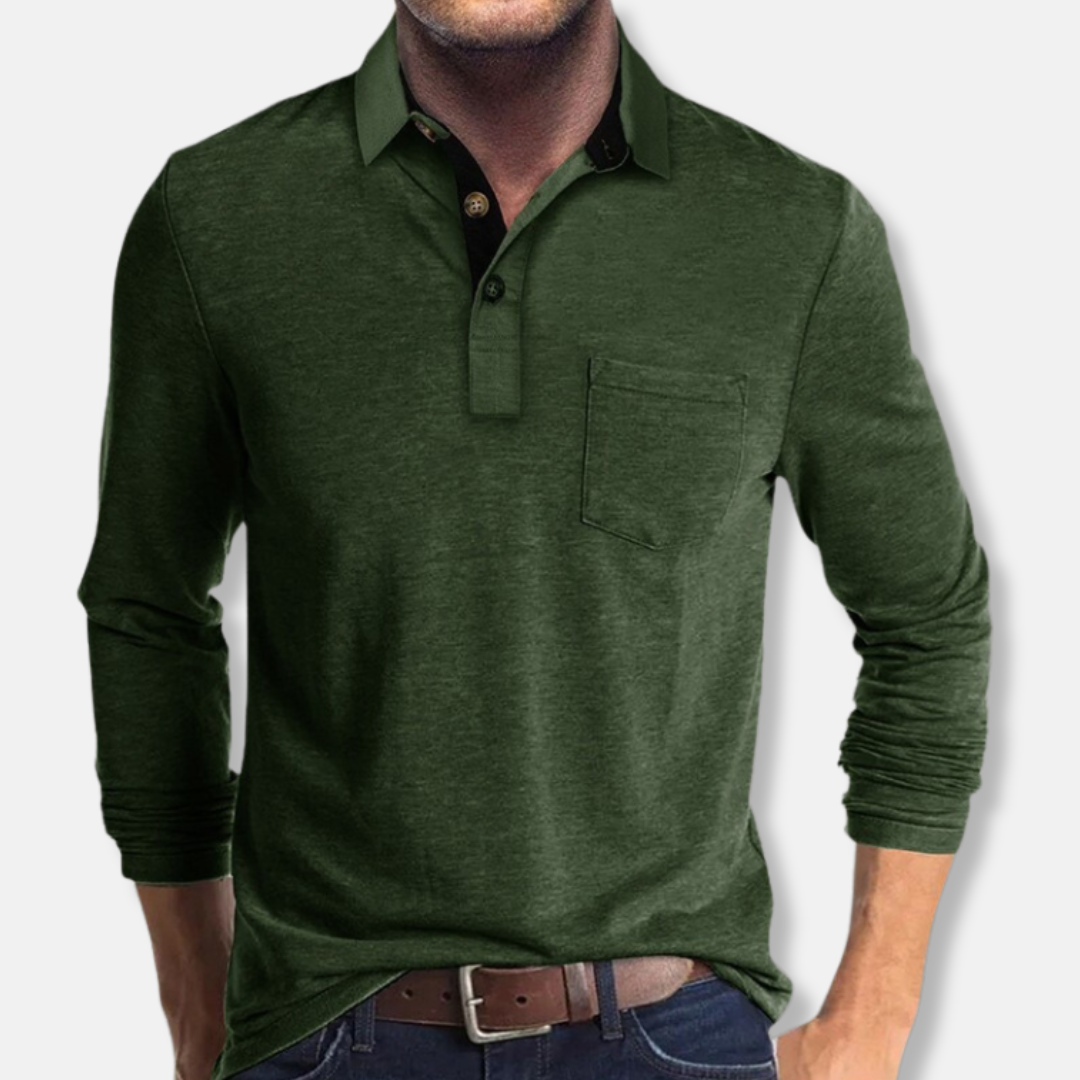 Men’s Long-Sleeve Polo Shirt – Regular Fit – Cotton Blend – Rib Cuffs – Patch Pocket
