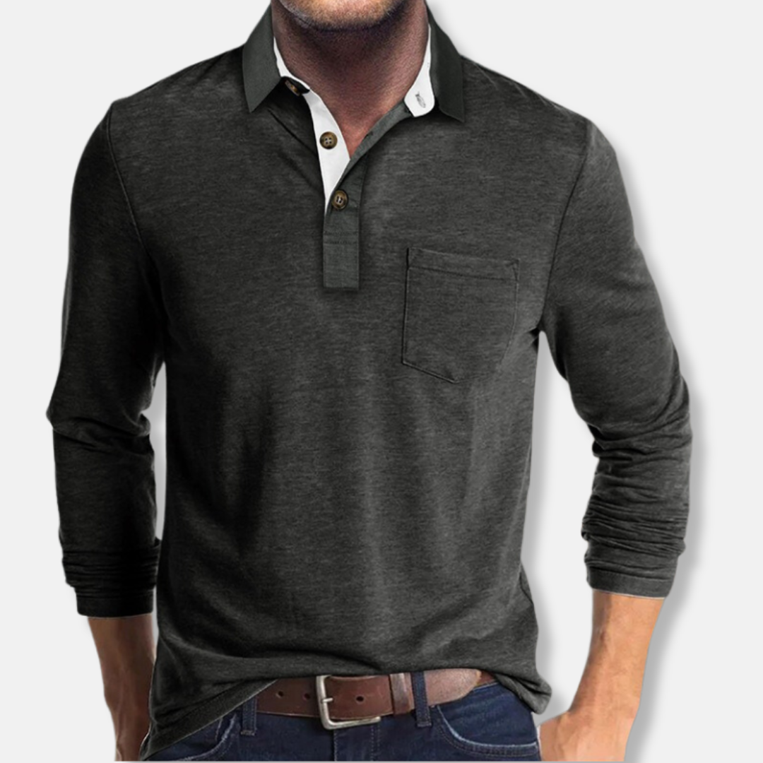 Men’s Long-Sleeve Polo Shirt – Regular Fit – Cotton Blend – Rib Cuffs – Patch Pocket