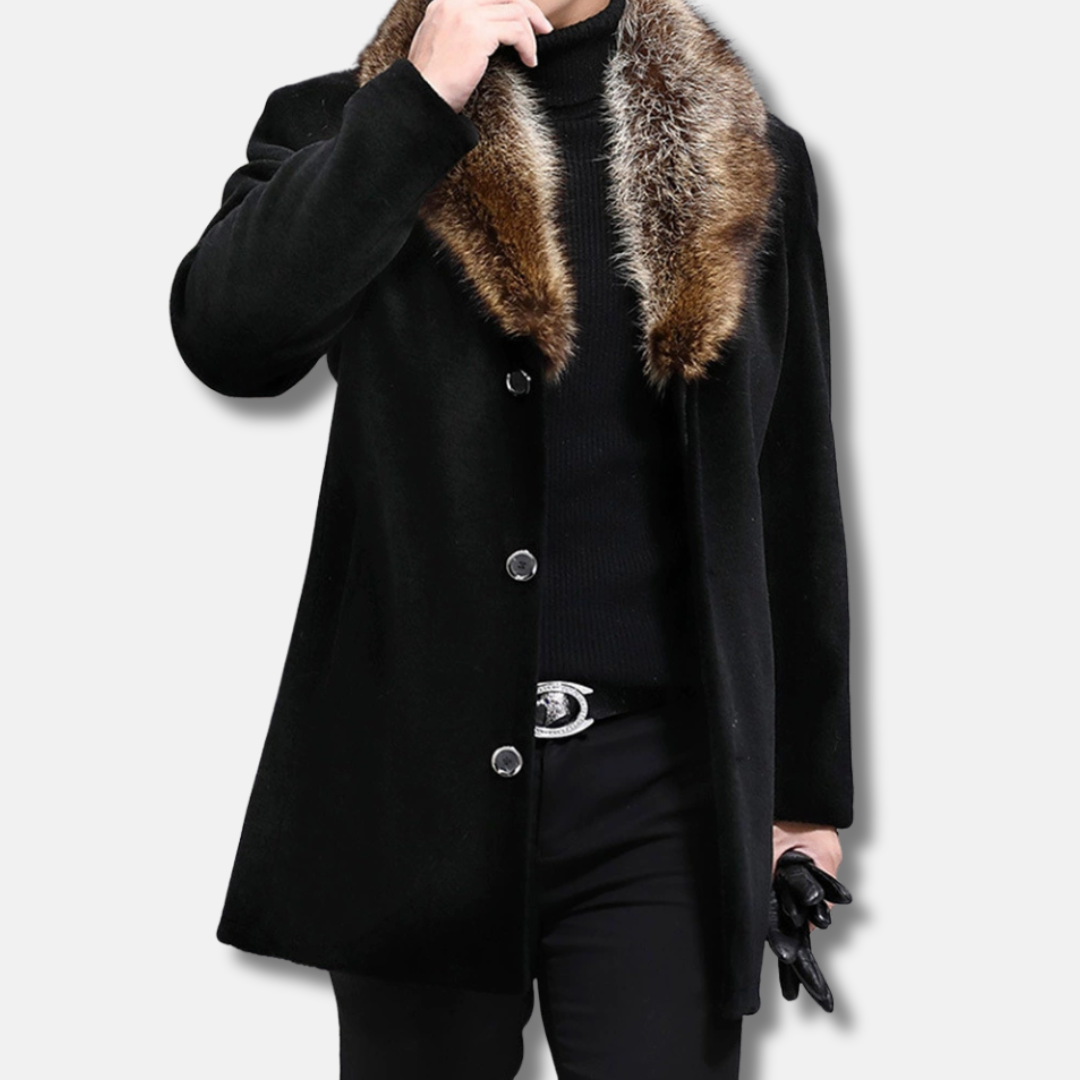 Men’s Mid-Length Coat – Structured Fit – Wool Feel – Fur Trim V-Collar – Button Front