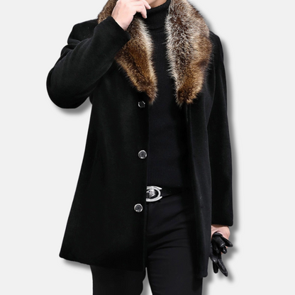 Men’s Mid-Length Coat – Structured Fit – Wool Feel – Fur Trim V-Collar – Button Front