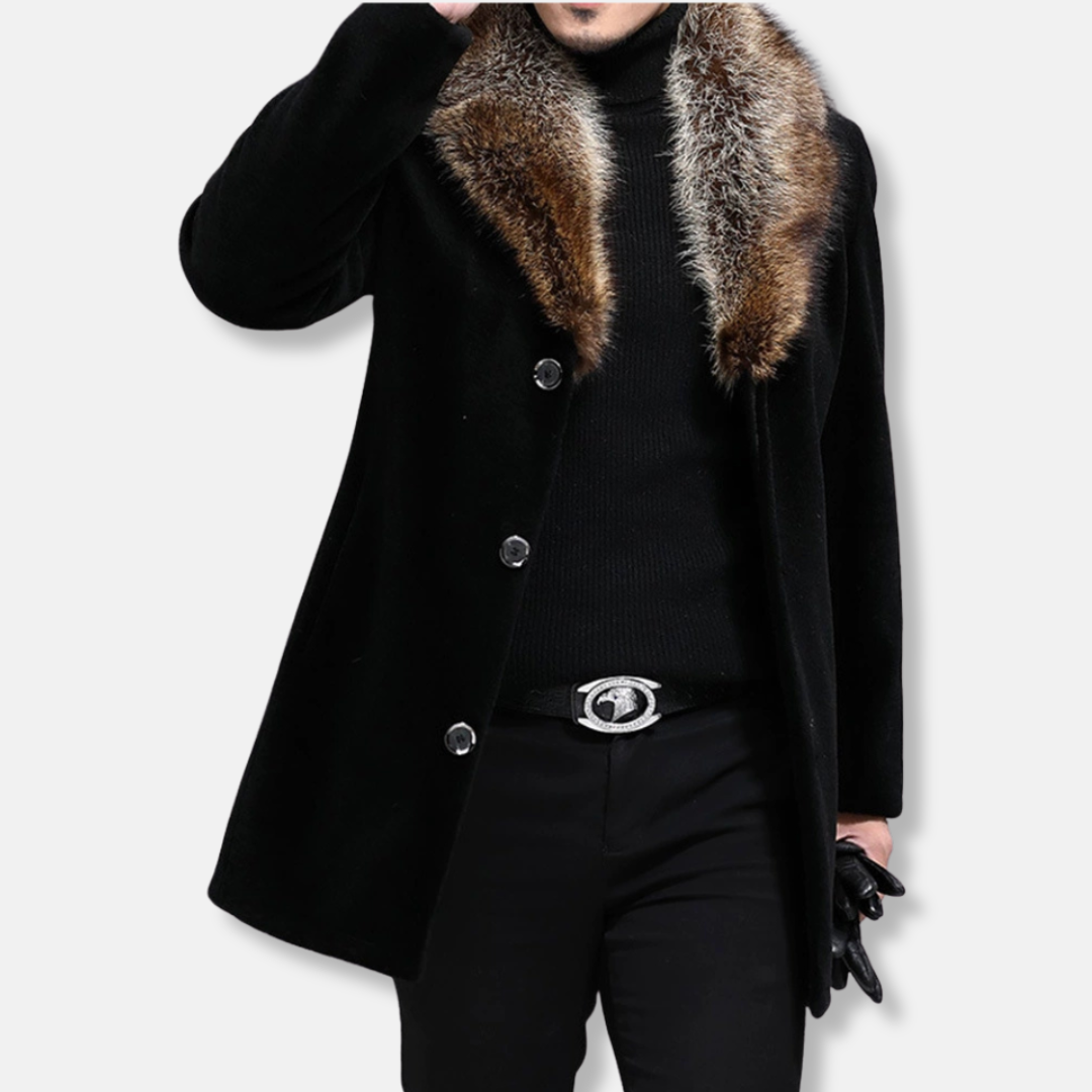 Men’s Mid-Length Coat – Structured Fit – Wool Feel – Fur Trim V-Collar – Button Front