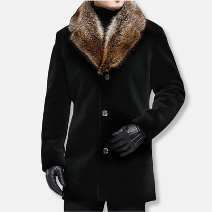 Men’s Mid-Length Coat – Structured Fit – Wool Feel – Fur Trim V-Collar – Button Front
