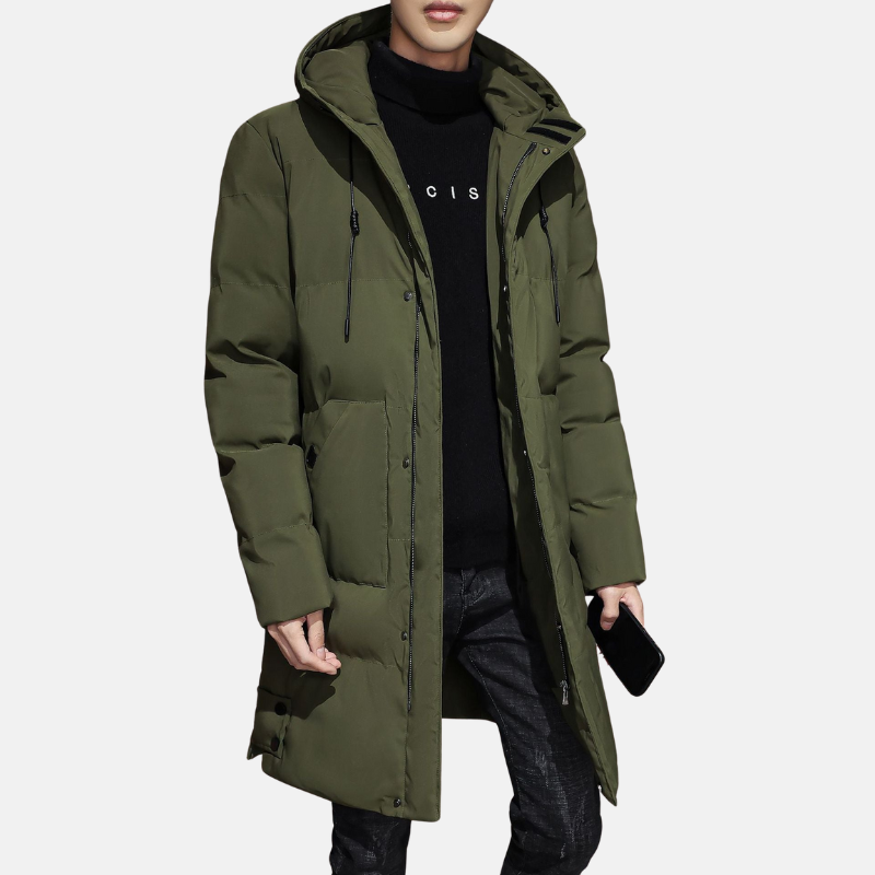 Men’s Padded Coat – Mid Length – Relaxed Fit – Quilted Hooded Weather Resistant