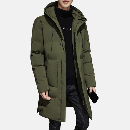 Men’s Padded Coat – Mid Length – Relaxed Fit – Quilted Hooded Weather Resistant