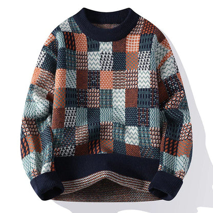 Men’s Pullover Sweater – Relaxed Fit – Knit Patchwork – Ribbed Crew Neck and Cuffs
