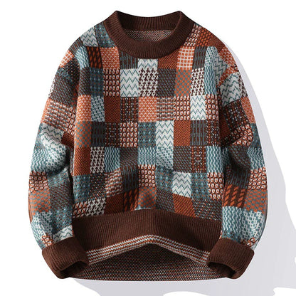 Men’s Pullover Sweater – Relaxed Fit – Knit Patchwork – Ribbed Crew Neck and Cuffs