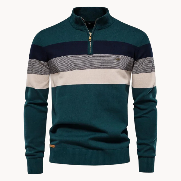 Men’s Quarter-Zip Sweater – Slim Fit – Wool Blend – Ribbed Trim – Striped Chest