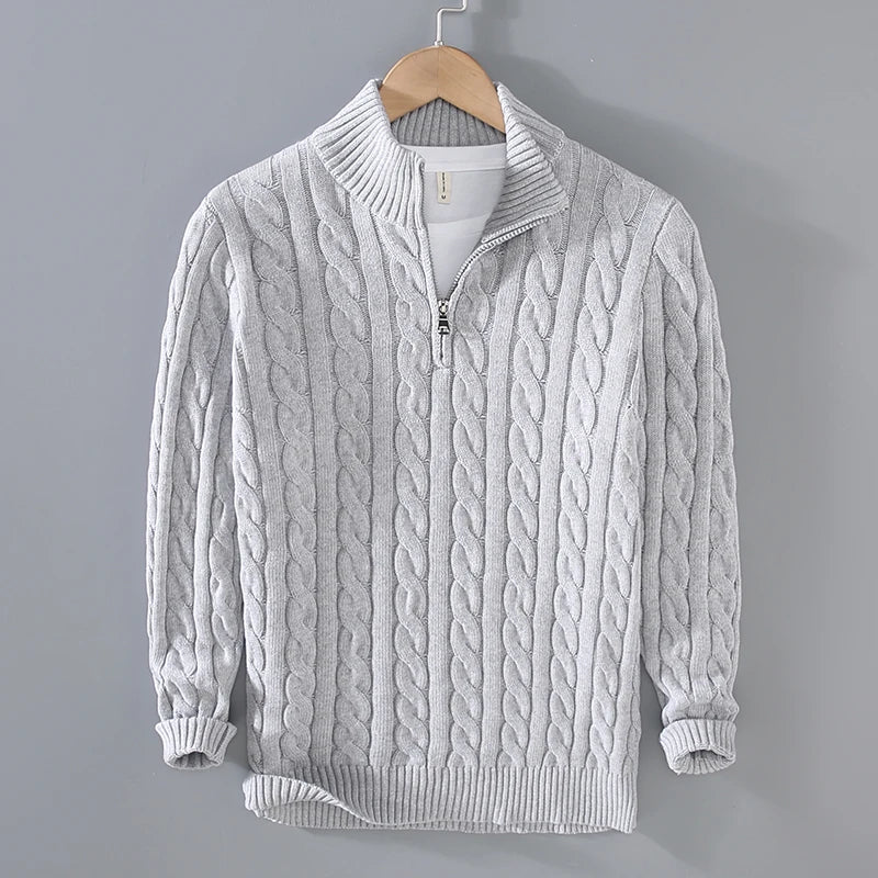 Men’s Sweater – Cotton Knit – Regular Fit – Cable Knit with Zip Collar