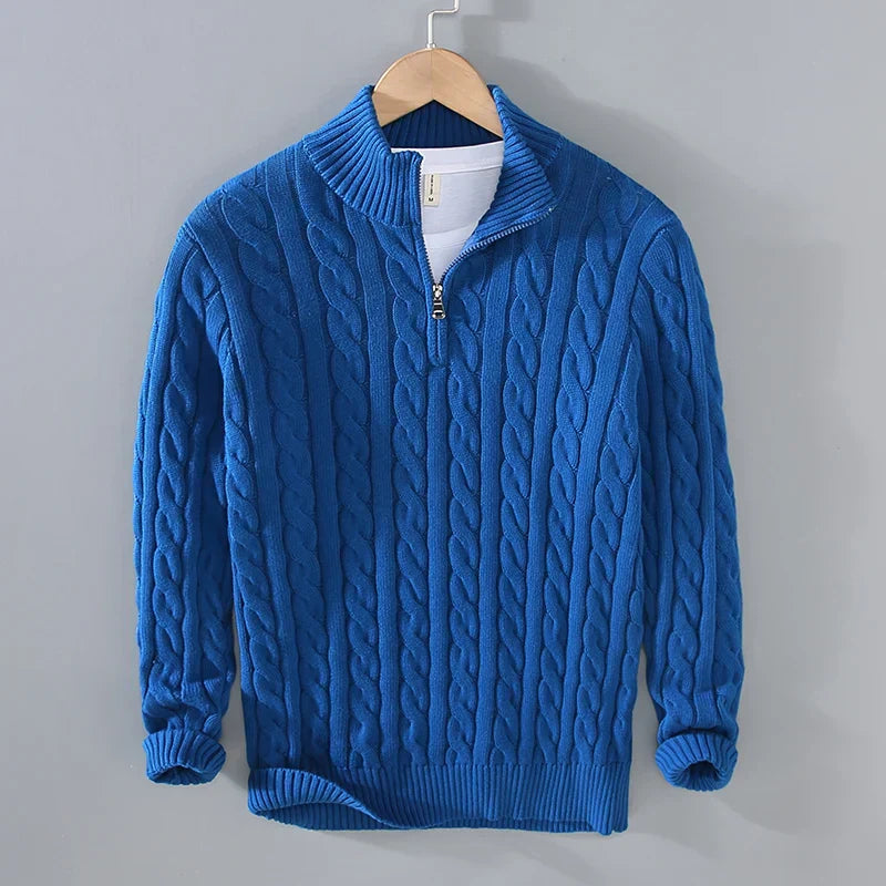 Men’s Sweater – Cotton Knit – Regular Fit – Cable Knit with Zip Collar