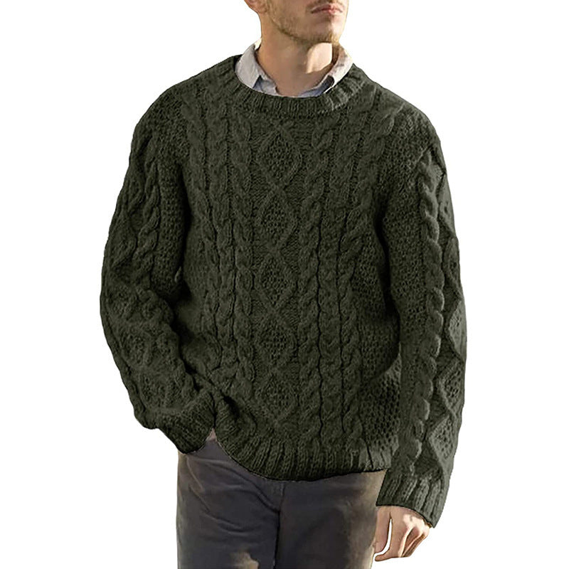 Men’s Sweater – Oversized Fit – Chunky Wool Knit – Cable Pattern – Round Neck Long Sleeve