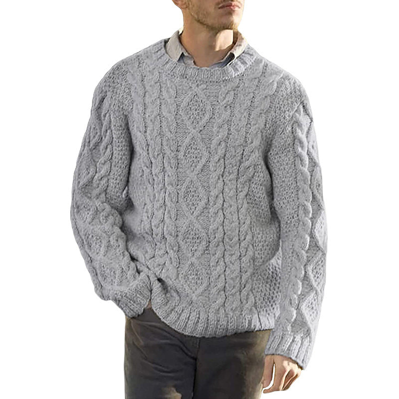 Men’s Sweater – Oversized Fit – Chunky Wool Knit – Cable Pattern – Round Neck Long Sleeve