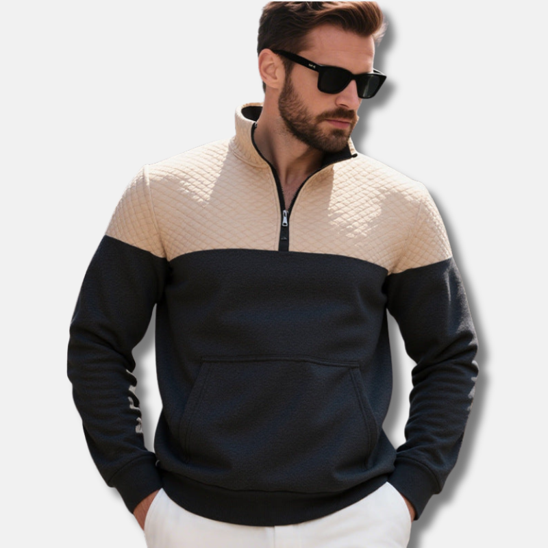Men’s Sweatshirt – Regular Fit – Quilted Shoulders – Half-Zip Stand Collar – Kangaroo Pocket