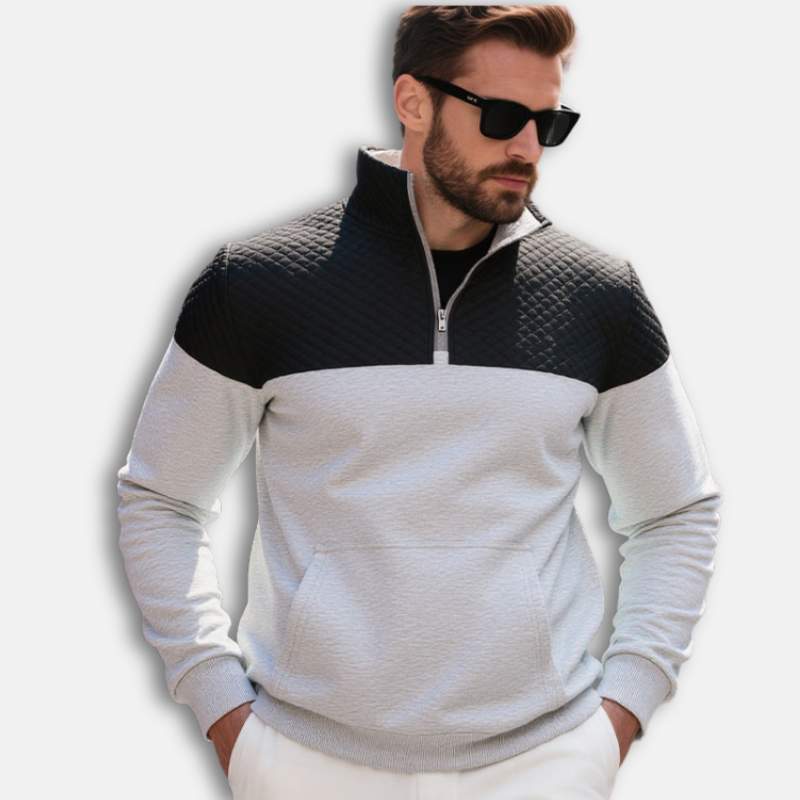 Men’s Sweatshirt – Regular Fit – Quilted Shoulders – Half-Zip Stand Collar – Kangaroo Pocket