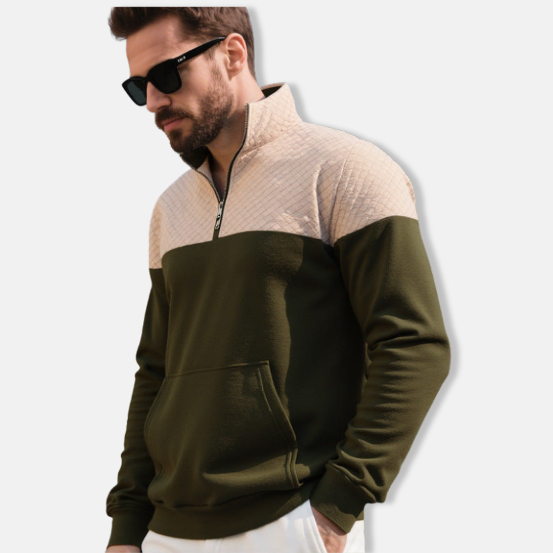 Men’s Sweatshirt – Regular Fit – Quilted Shoulders – Half-Zip Stand Collar – Kangaroo Pocket