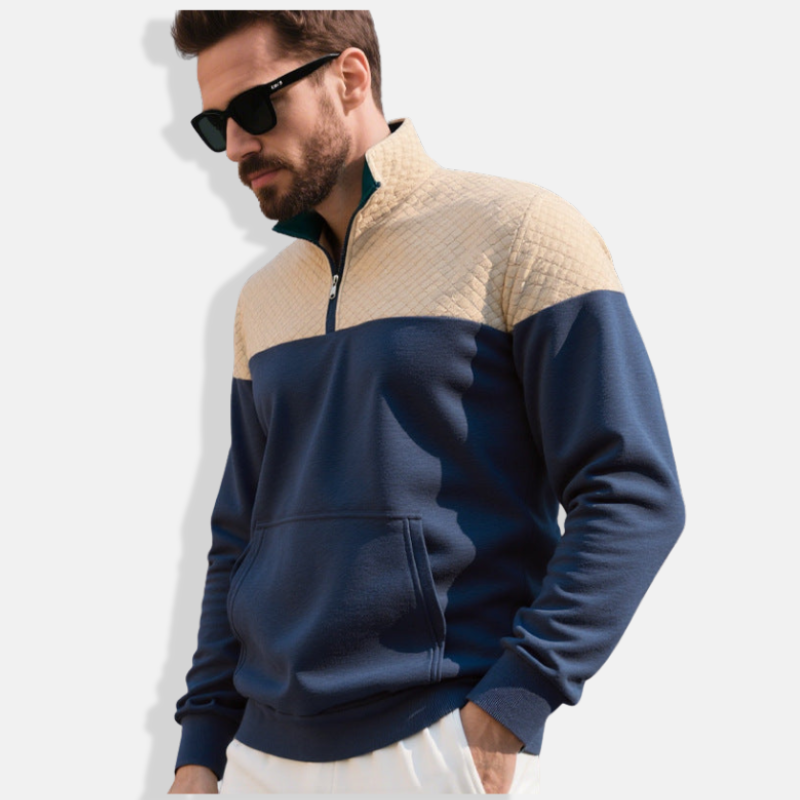 Men’s Sweatshirt – Regular Fit – Quilted Shoulders – Half-Zip Stand Collar – Kangaroo Pocket