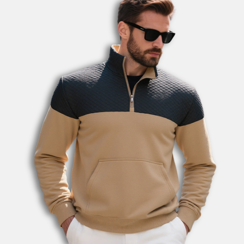 Men’s Sweatshirt – Regular Fit – Quilted Shoulders – Half-Zip Stand Collar – Kangaroo Pocket