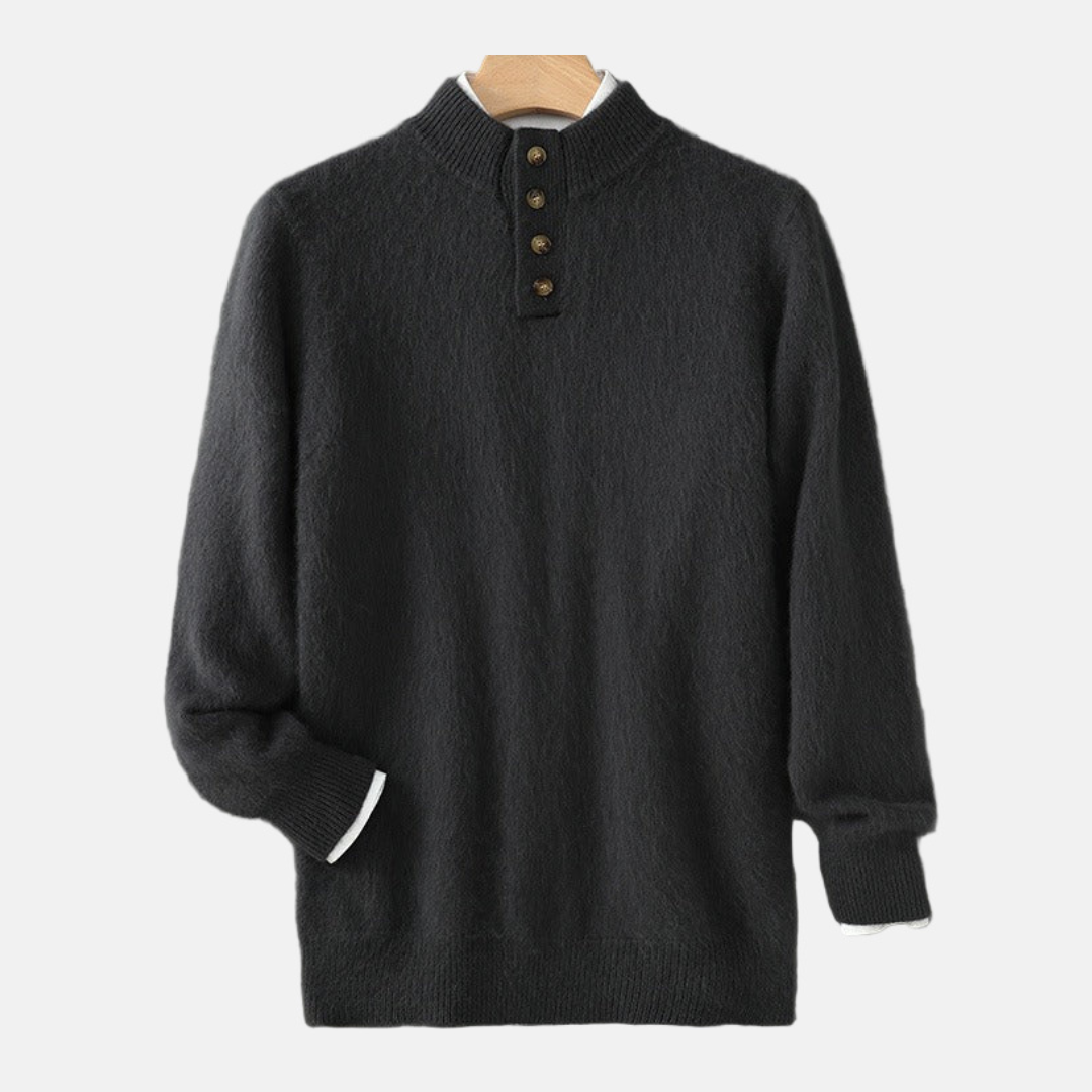 Men’s Sweatshirt – Regular Fit – Wool Blend – Mock Neck – Button Placket – Ribbed Trims