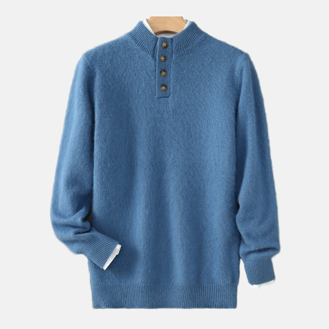 Men’s Sweatshirt – Regular Fit – Wool Blend – Mock Neck – Button Placket – Ribbed Trims