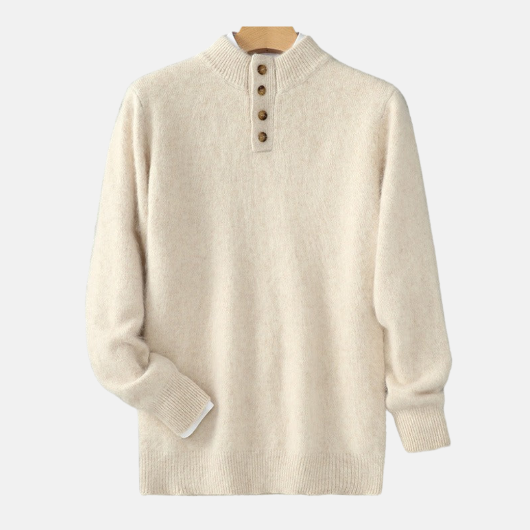 Men’s Sweatshirt – Regular Fit – Wool Blend – Mock Neck – Button Placket – Ribbed Trims