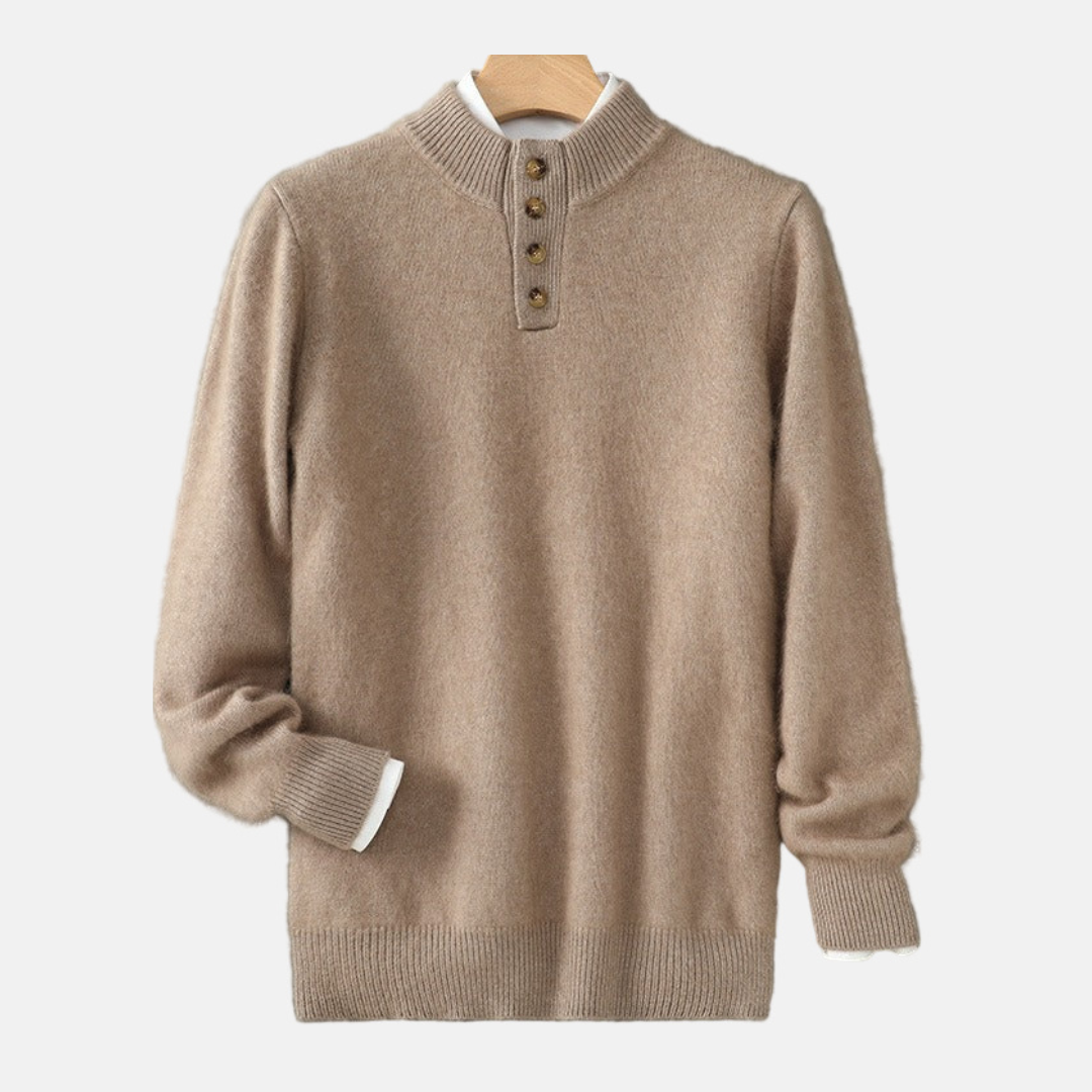 Men’s Sweatshirt – Regular Fit – Wool Blend – Mock Neck – Button Placket – Ribbed Trims