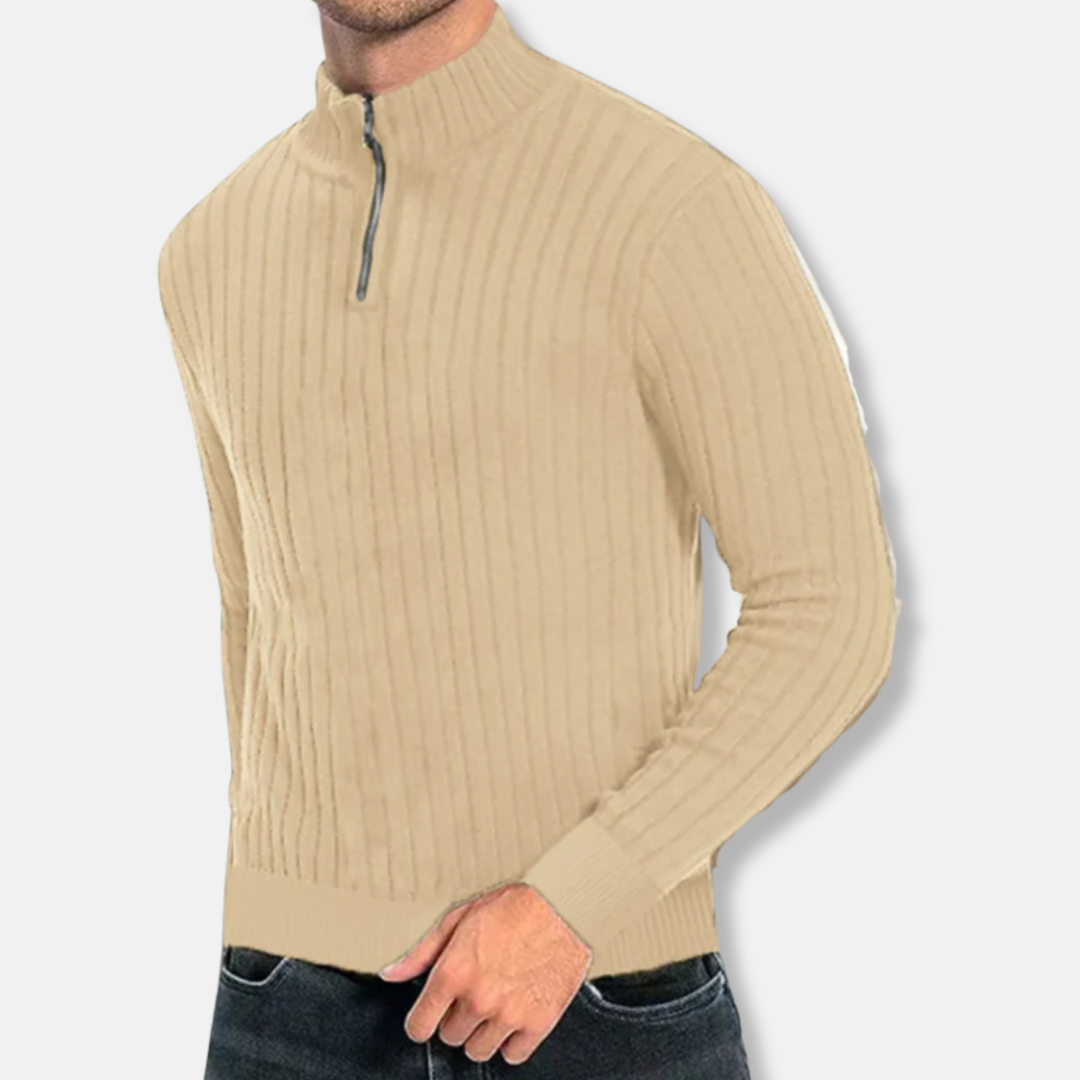 Men’s Sweatshirt – Ribbed Knit – Regular Fit – Mock Neck Zip – Long Sleeve Casual Wear