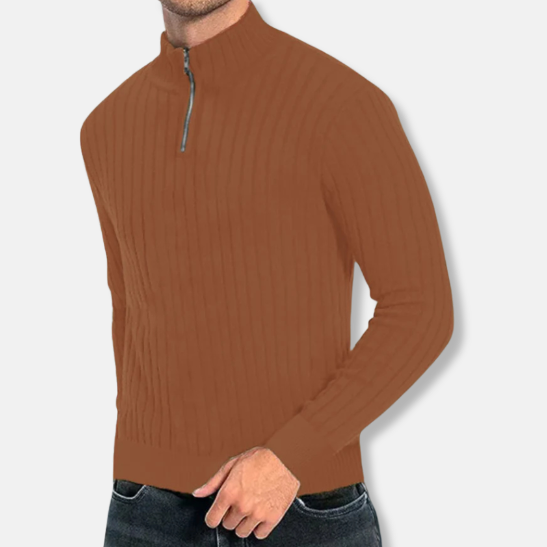 Men’s Sweatshirt – Ribbed Knit – Regular Fit – Mock Neck Zip – Long Sleeve Casual Wear