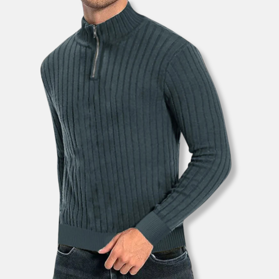 Men’s Sweatshirt – Ribbed Knit – Regular Fit – Mock Neck Zip – Long Sleeve Casual Wear