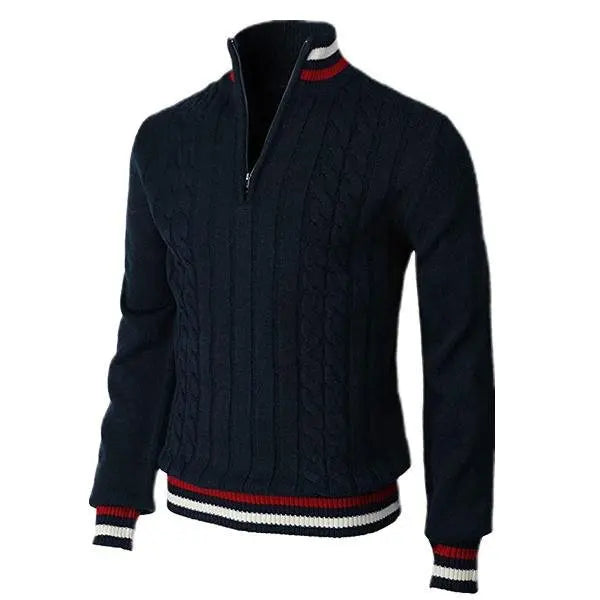 Men’s Turtleneck Sweater – Wool Knit – Slim Fit – Zip Neck – Cable Knit Pattern
