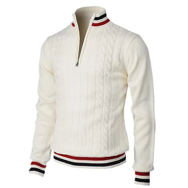 Men’s Turtleneck Sweater – Wool Knit – Slim Fit – Zip Neck – Cable Knit Pattern