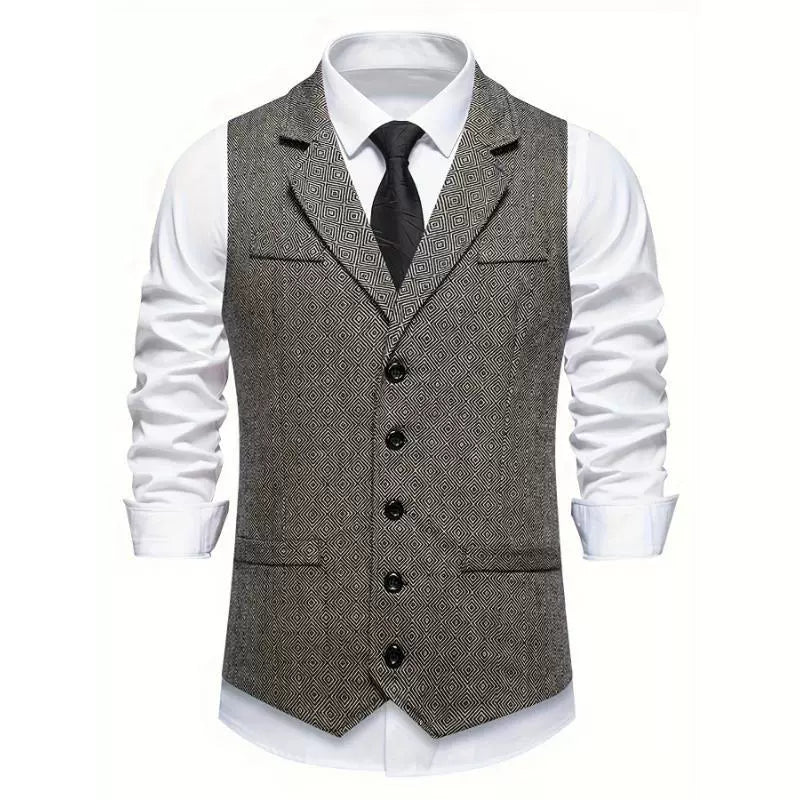 Men’s Vest – Slim Fit – Woven Fabric – Geometric Pattern – V-Neck – Five-Button