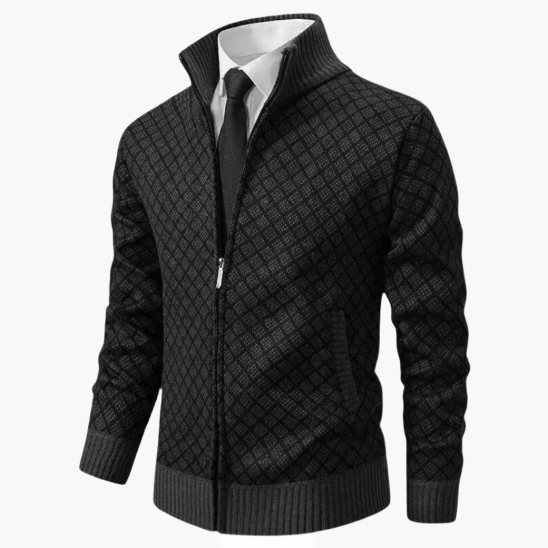 Men’s Zip-Up Jacket – Slim Fit Knit – Diamond Pattern – Stand Collar – Ribbed Trim
