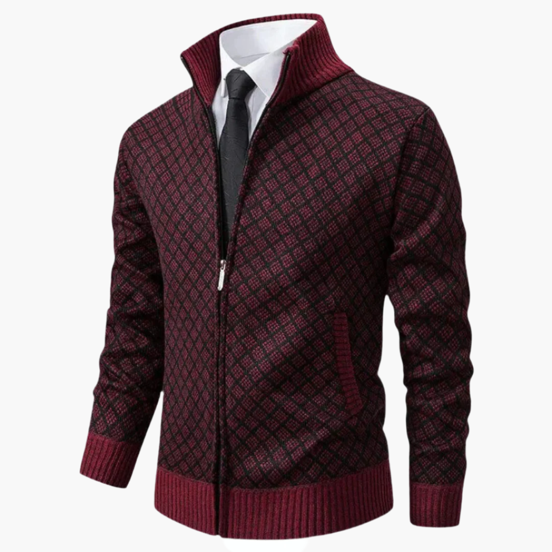 Men’s Zip-Up Jacket – Slim Fit Knit – Diamond Pattern – Stand Collar – Ribbed Trim