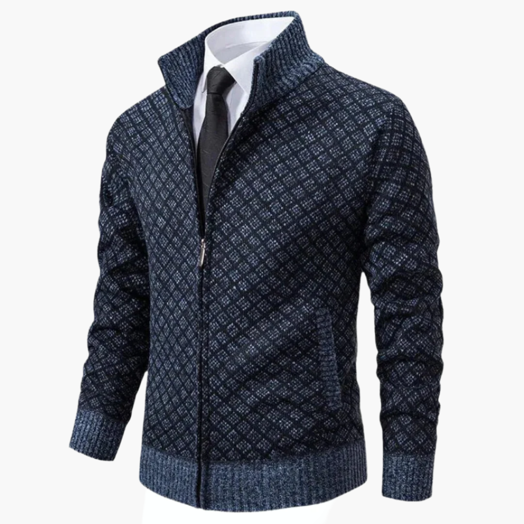Men’s Zip-Up Jacket – Slim Fit Knit – Diamond Pattern – Stand Collar – Ribbed Trim