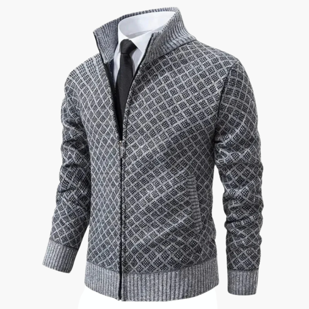 Men’s Zip-Up Jacket – Slim Fit Knit – Diamond Pattern – Stand Collar – Ribbed Trim