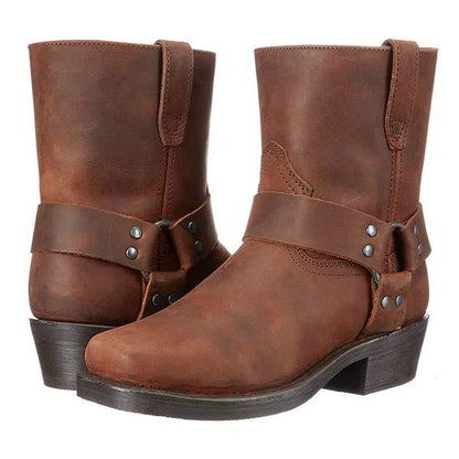 Mid-Cut Black Biker Boots for Women with Harness Detail – Stylish Moto Footwear