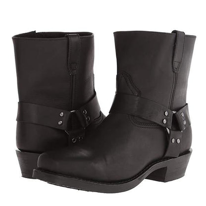 Mid-Cut Black Biker Boots for Women with Harness Detail – Stylish Moto Footwear