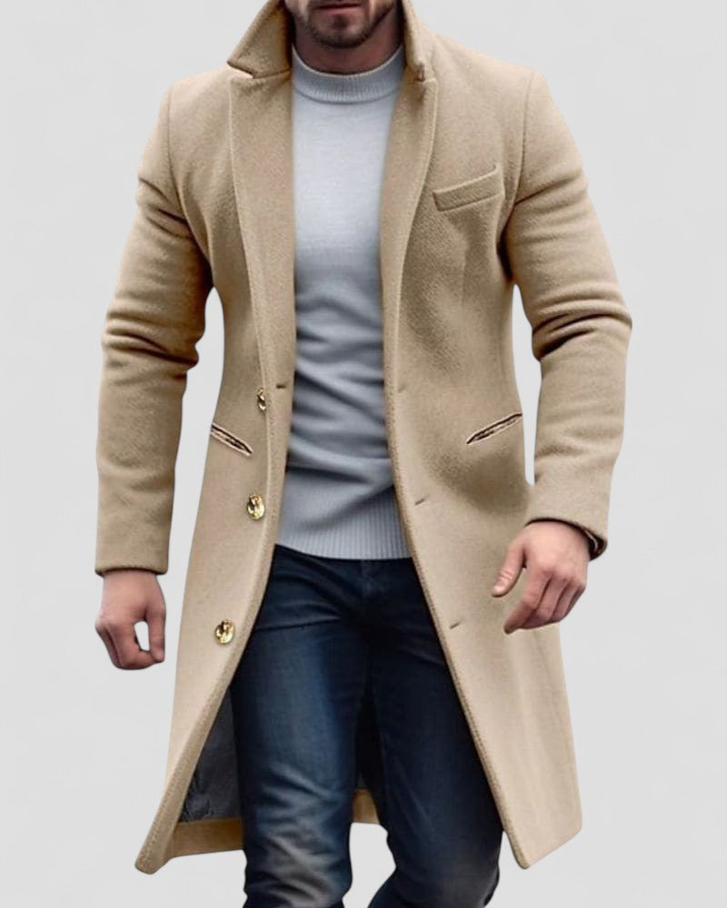 Men’s Long Gold-Button Trench Coat