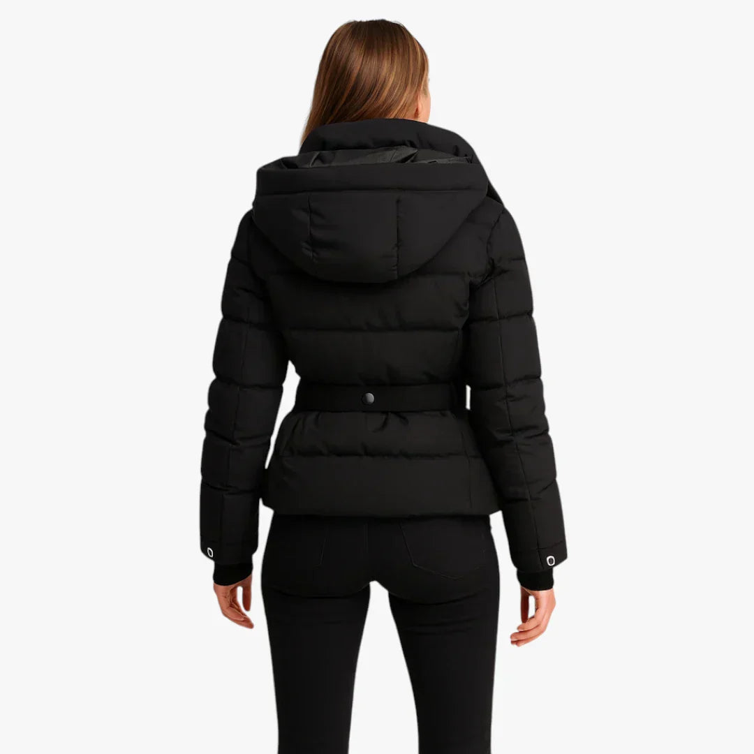 Puffer jacket with belt, water-repellent, for women