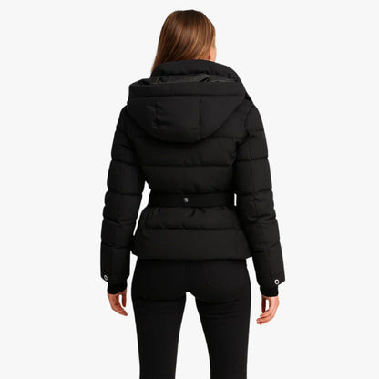 Puffer jacket with belt, water-repellent, for women