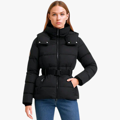 Puffer jacket with belt, water-repellent, for women